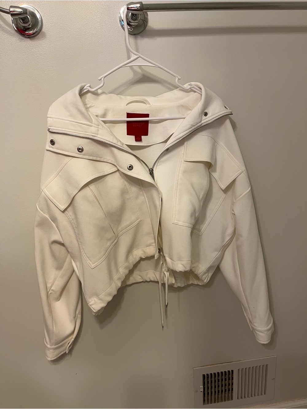Jennifer Lopez White Cropped Hooded Jacket with Silver Zipper - Picture 1 of 6